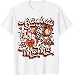 Baseball Mama Retro Groovy Baseball Softball Mom Smile Face T-Shirt, Shirt
