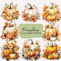 Autumn Pumpkins Watercolor Clipart Bundle, Transparent PNG, Digital Download, Home Decoration Card Making, Junk Journali