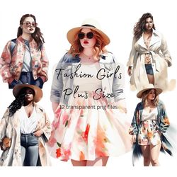 Plus Size Fashion Girl Spring Watercolor Clipart Bundle, Transparent PNG, Digital Download, Card Making, Lady boss clipa