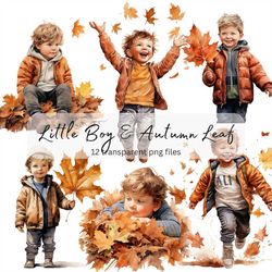 Autumn Little Boy Watercolor Clipart Bundle, Transparent PNG, Digital Download, Card Making, Cute boy clipart Illustrati
