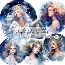 Night Sky Goddess Watercolor Clipart Bundle, transparent PNG, Pretty Girls Fantasy illustration, Paper craft, Junk Journ