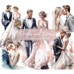 Bride and Groom Watercolor Clipart Bundle, Transparent PNG, Wedding Romantic clipart, Digital Download, Scrapbook Card M