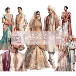 Indian Wedding Couple Watercolor Clipart Bundle, Junk Journal Bride Groom,Transparent PNG, Romantic clipart,Digital Down