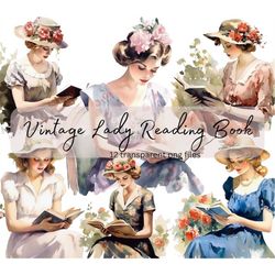 Vintage Lady Reading Watercolor Clipart Bundle, transparent PNG, Girl studying Clipart, Book Lover, Paper craft, Junk Jo