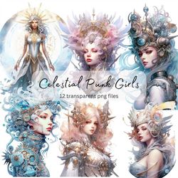Celestial Punk Girls Clipart, transparent PNG, Pretty Girls Clipart,Fantasy illustration, Paper craft, Junk Journal Scra