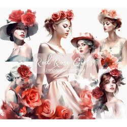 Red Rose Girls Watercolor Clipart Bundle, Princess Fantasy PNG, Portrait Girl, Fashion Clipart, Paper craft, Card Junk J