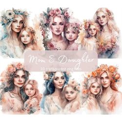 Mom and Daughter Watercolor Clipart Bundle,Transparent PNG, Digital Download,Card Making, Mother's Day Clipart, Mother's