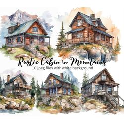 Watercolor House Clipart Bundle, Mountain Rustic Cabins, High Res JPEGs, Nature Illustration, Digital Download, Card Mak