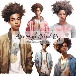 Afro High School Boy Watercolor Clipart Bundle, Transparent PNG, Portrait clipart, Digital Download, Card Making Scrapbo