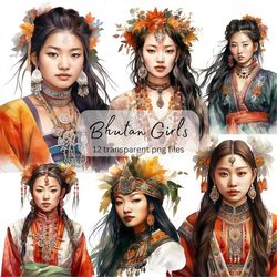 Bhutan Girls Watercolor Clipart Bundle, Transparent PNG, Digital Download, Junk Journal Scrapbooking, Pretty Girl Clipar