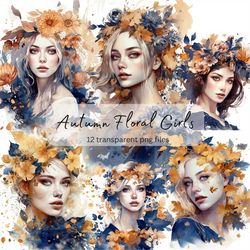 Fall Floral Girls Watercolor Clipart Bundle, Transparent PNG,Digital Download,Pretty Girls Card Making Scrapbook Junk Jo