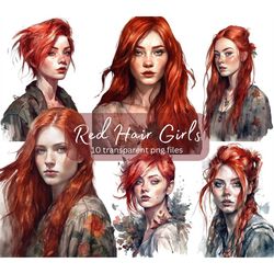 Red Hair Girls Watercolor Clipart Bundle, Transparent PNG, Digital Download, Junk Journal Scrapbooking, Fashion illustra