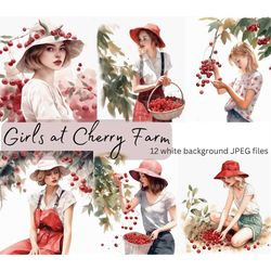 Girl at Cherry Farm Clipart Bundle, High Quality JPEGs, Summer Time Clipart, Digital Download, Card Making,Scrapbook,Wal