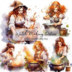 Witch Making Potion Clipart, transparent PNG, Witchcraft Witchery, Fantasy illustration, Paper craft, Junk Journal Scrap