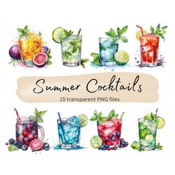 Watercolor Cocktails Clipart, Transparent PNG, Summer Party Cocktails, Alcohol Drinks Clipart, Kitchen Art, Clipart Bund