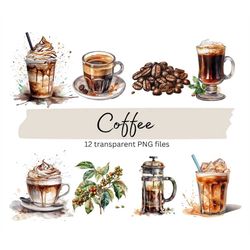 Coffee Clipart Bundle, Transparent PNG, Coffee lover, Digital Download, Watercolor Food Clipart, Card Making, Junk Journ