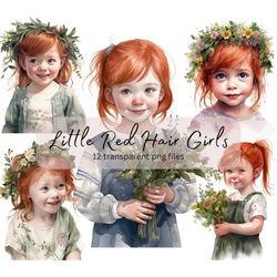 Little Red Hair Girls Watercolor Clipart , Transparent PNG, Digital Download, Card Making, Cute girl clipart Illustratio