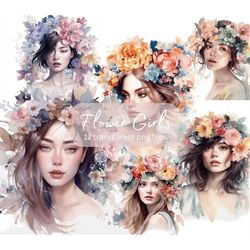 Flower Girls Watercolor Clipart Bundle, Transparent PNG, Digital Download, Junk Journal Scrapbooking, Fashion illustrati