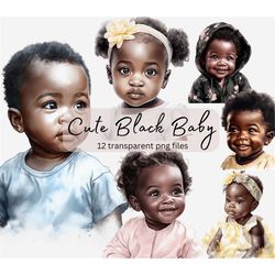 Cute Black Baby Watercolor Clipart Bundle, Transparent PNG, Baby Portrait,Digital Download,Card Making Scrapbook Junk Jo