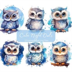 Night Owls Watercolor Clipart, Transparent PNG, Digital Download, Card Making Scrapbook, Cute Animal clipart Illustratio
