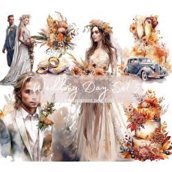Fall Wedding Clipart Bundle Watercolor, Transparent PNG, Bride Groom Clipart, Digital Download, Scrapbooking Junk Journa