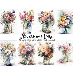Flowers in Vase Watercolor Clipart Bundle, High Resolution JPEGs, Digital Download, Card Making, Floral Clipart, Wall ar