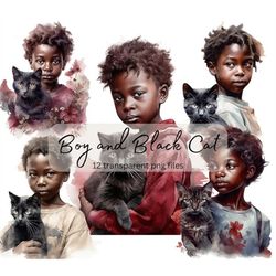 Boy and Cat Watercolor Clipart Bundle, Transparent PNG, Digital Download,Portrait Card Making, Cute boy clipart Illustra