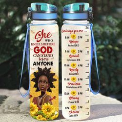 she who kneels before god can stand before anyone water bottle black girl sunflower sport water bottle plastic 32oz