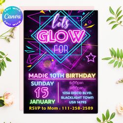 Glow Party invitation, Glow Party invites, Glow Party, Glow Birthday party, Glow in the dark Invitation