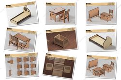 Dollhouse Furniture Set / Baby Crib, Kid Bed, School Desk, Writing Board, Student Bench / Wooden Children Furnitures  SV