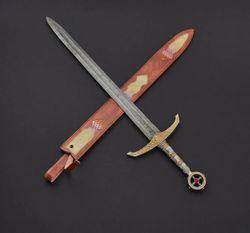 super sharp steel beautiful handmade damascus steel 30 inches hunting sword with leather sheath sss-00777
