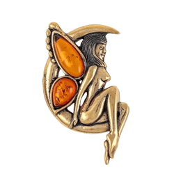 Fairy on Moon Brooch Jewelry for Women Unique Handmade Brooch Gold Brass Burnt Orange Baltic Amber star Jewelry Vintage