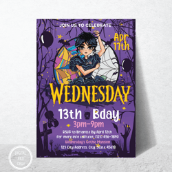 Personalized File Wednesday Birthday Invitation Party Printable Addams Family Cake Topper Card Girl Instan | Digital PNG