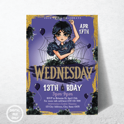 Personalized File Wednesday Birthday Invitation Party Invite Printable Editable Addams Family Digital Kid| Digital PNG