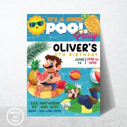 Personalized File Super Mario Birthday Invitation, Mario Party Invite, Pool Party Invitation For Video Game| Digital PNG