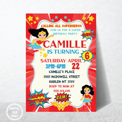 Personalized File Wonder Woman Birthday Invitation | Printable Birthday Wonder Woman Party Invitations| Digital PNG
