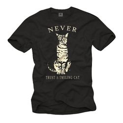 Funny Geek T-Shirt for Mens Never Trus A Smiling Cat Black S-XXXXXL