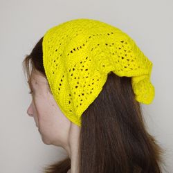 Summer headscarf for women Handknit kerchief Handmade lace bandana Yellow kerchief crochet