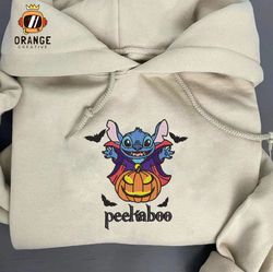 Stitch Peekaboo Pumpkin Embroidered Crewneck, Halloween Sweatshirt, Stitch Costume Embroidered Hoodie, Unisex T-shirt