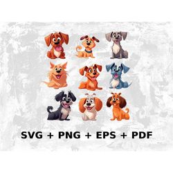 Cartoon Set of Dogs Svg Png Eps, Commercial use Clipart Vector Graphics for Wall Art, Tshirts, Sublimation, Print on Dem