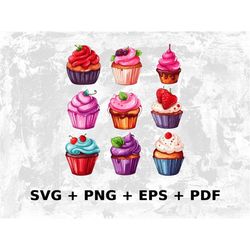 Cartoon Set of Cupcakes Svg Png Eps, Commercial use Clipart Vector Graphics for Wall Art, Tshirts, Sublimation, Print on