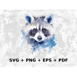 Watercolor Raccoon Face Svg Png Eps, Commercial use Clipart Vector Graphics for Wall Art, Tshirts, Sublimation, Print on