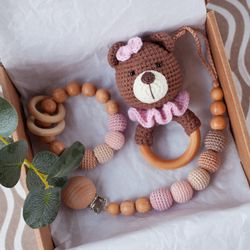 Newborn Baby Girl Gift Box: Bear Rattle Toy, Teething Ring, Pacifier Clip Holder - Gift for Hiece \ Granddaughter