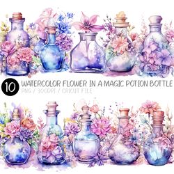 watercolor flower in a magic potion bottle png | wildflowers, rose, glass bottle, vases, leaves, lavender, hydrangea