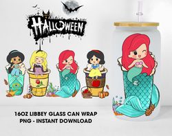 Halloween Coffee Princess Glass Can Design PNG Sublimation, Princess Cartoon 16oz Libbey Glass Can Wraps, Spooky Glass C