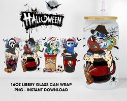 Cartoon Horror Killer 16oz Libbey Can Glass Design, Halloween Horror Glass Can Wrap Png, Horror Movie Glass Can Wrap Png
