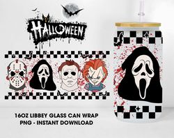 Halloween Movie Glass Can Design PNG , Killer Friends 16oz Libbey Glass Can Wraps, Horror Movie Glass Can Wrap, Digital