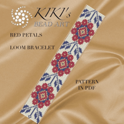 Bead loom pattern Red petals ethnic inspired LOOM bracelet pattern design in PDF instant download