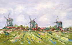 Oil landscape painting on canvas Dutch landscape with windmills Abstract landscape Impasto Impressionism artworkArt sale