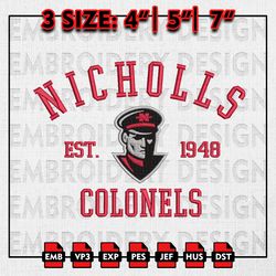 NCAA Nicholls Colonels Embroidery files, NCAA Embroidery Designs, Nicholls Colonels Machine Embroidery Pattern